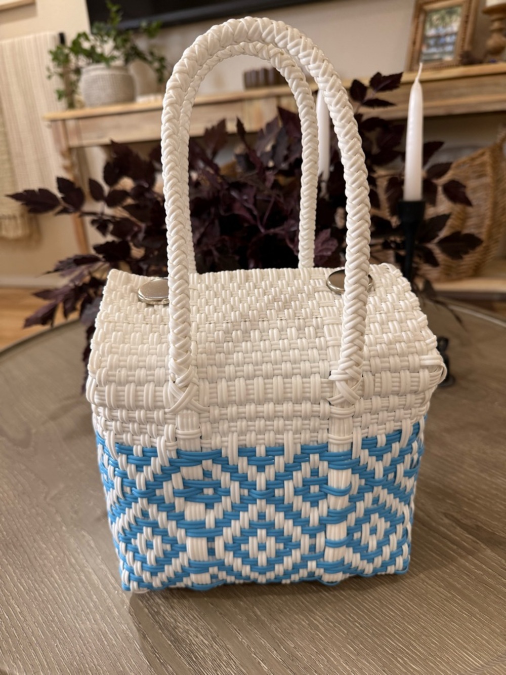 Mexican Woven White and Blue Handbag